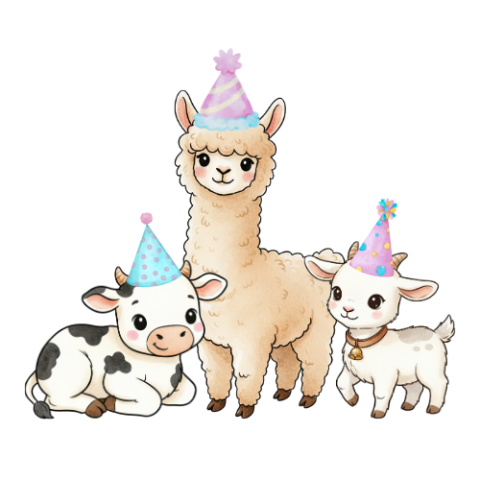 Llama, cow and goat in party hats