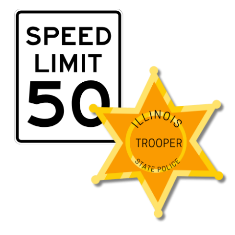 Speed Limit 50 sign and an Illinois State Trooper badge