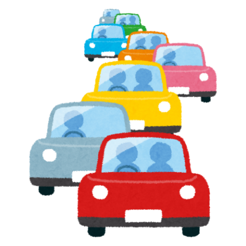 Row of colorful cars driving 