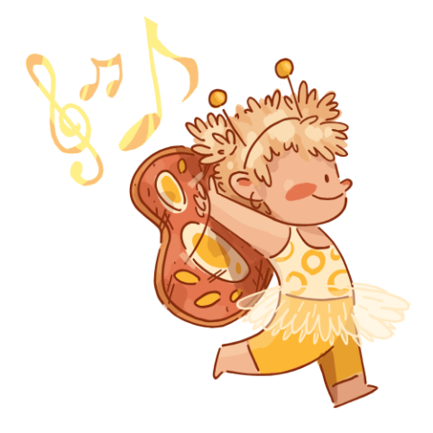Child with butterfly costume, skipping with music notes behind them