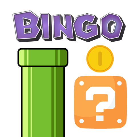 Warp pipe, question mark block, gold coin and word BINGO