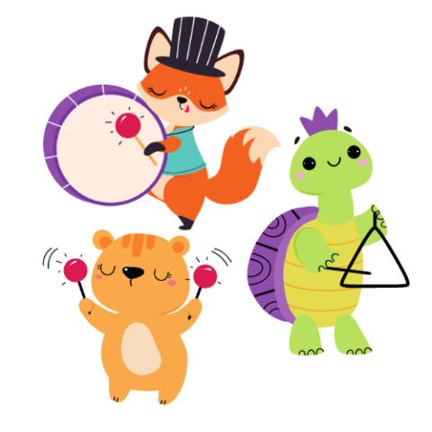 Fox playing a drum, turtle playing a triangle, and tiger playing the maracas