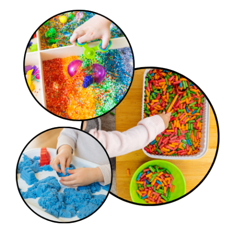 3 photo vignettes of children's hands playing in colorful sensory bins