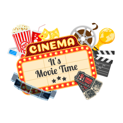 Cinema marquee sign surrounded by popcorn, film reels, award trophy and 3d glasses