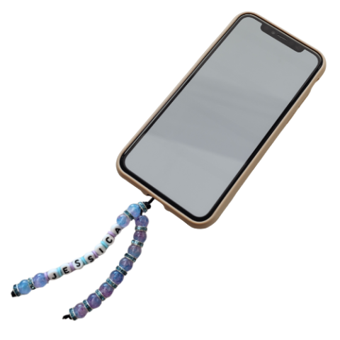 Smartphone with dangly, beaded keychain attached