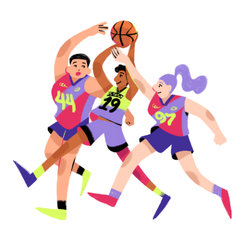 3 female basketball players scrambling for the ball