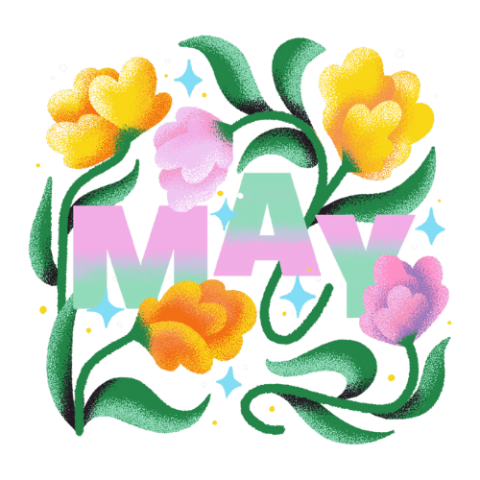 Word May surrounded by blooming tulips