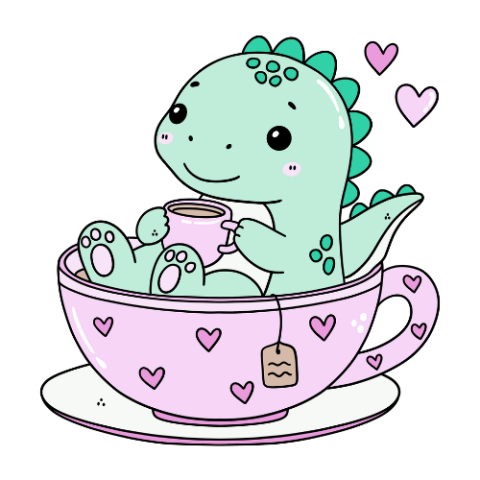 Cute dinosaur sipping tea while seated in giant tea cup