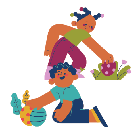 Two children discovering hidden eggs in the grass