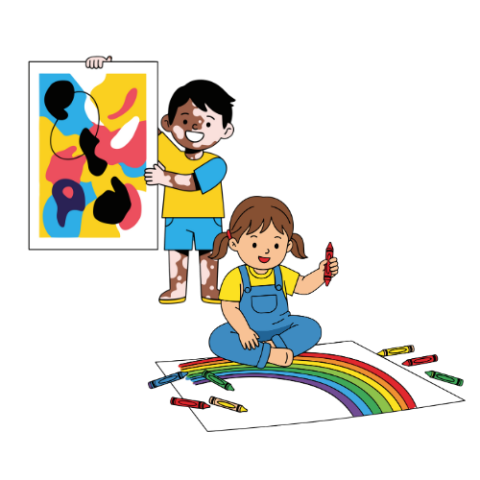 Boy holding abstract painting and young girl holding red crayon while admiring her drawn rainbow picture.