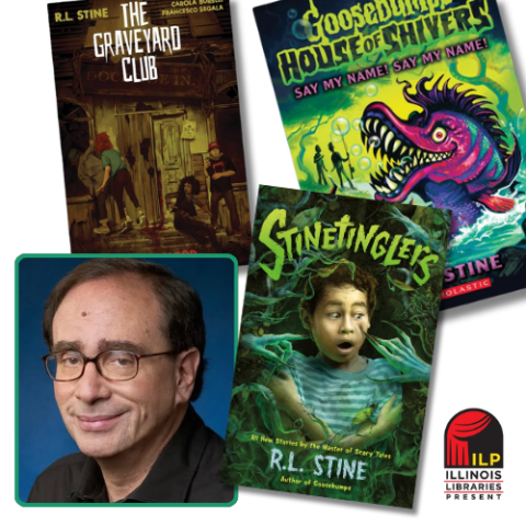 Photo of author R.L. Stine and covers of three of his books including, The Graveyard Club, House of Shivers, and Stinetinglers. Logo of Illinois Libraries Presents.