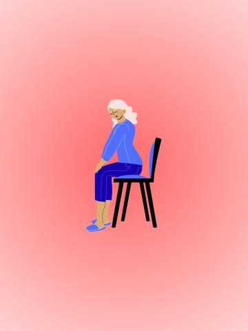 Pink background with tan woman in a blue outfit sitting on a chair.