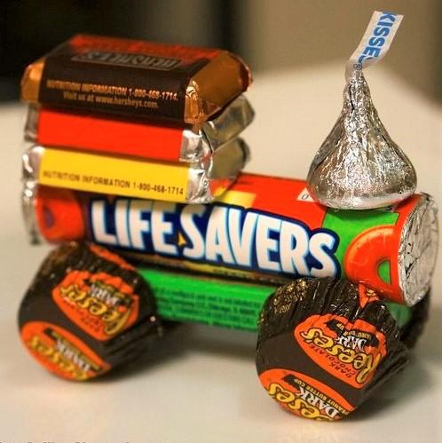 Train made out of pieces of a variety of candy 