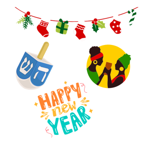 Graphic images for Christmas, Hanukkah, Kwanzaa, and New Year's