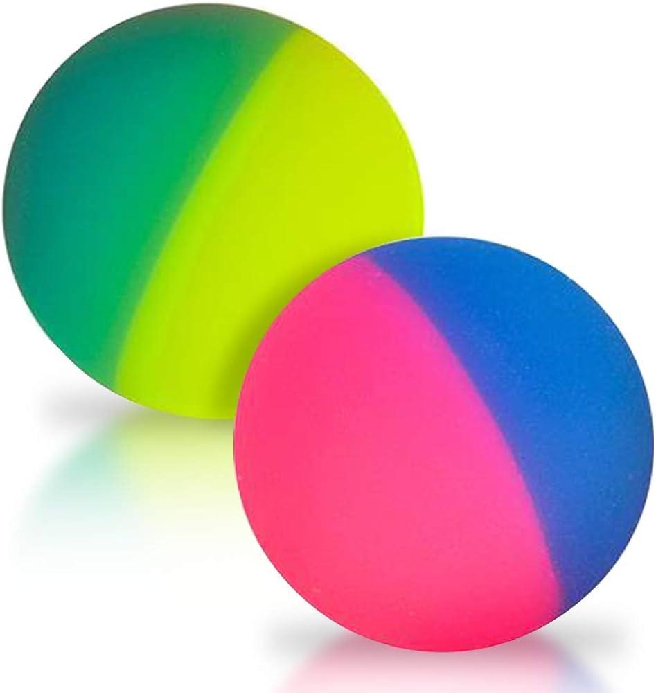 One green and one pink and blue bouncy ball 