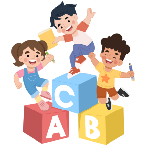 Children dancing and playing on alphabet blocks