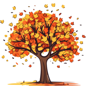 Autumn tree with orange and yellow leaves falling