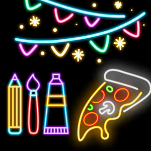 Neon signs with party streamers, pizza, and art supplies