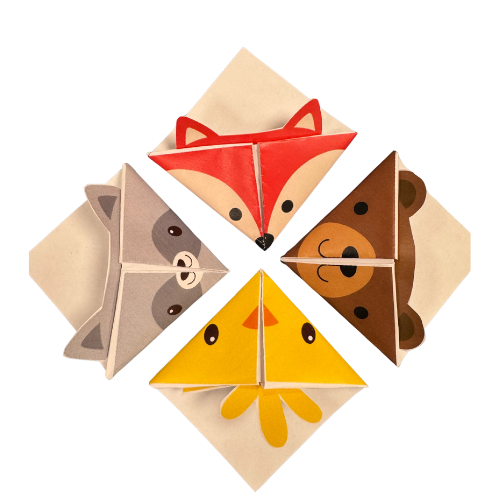 Fox, bear, raccoon, and chick origami bookmarks