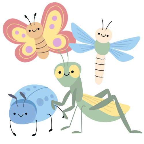 pastel butterfly, dragonfly, beetle, and praying mantis