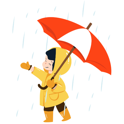 child in yellow rain gear with umbrella, playing in the rain