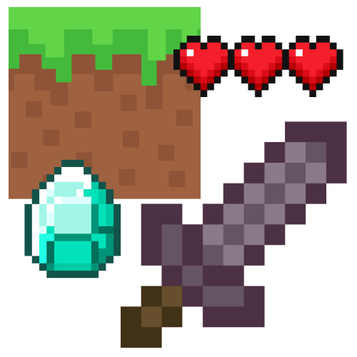 Minecraft block, hearts, gem and sword