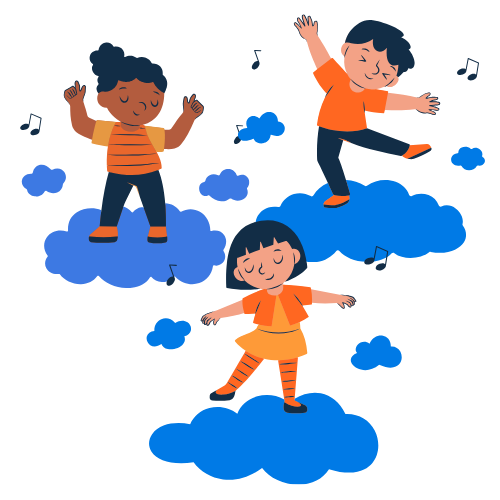 three children dreamily dancing on clouds