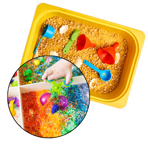 bins with colorful materials and scoops