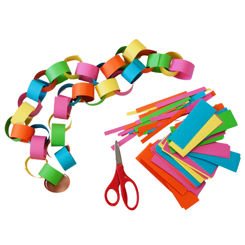 paper strips, scissors and assembled paper chain
