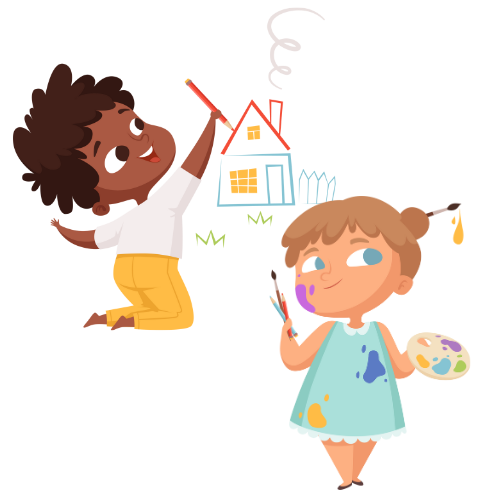 boy drawing picture of house and girl with paint palette