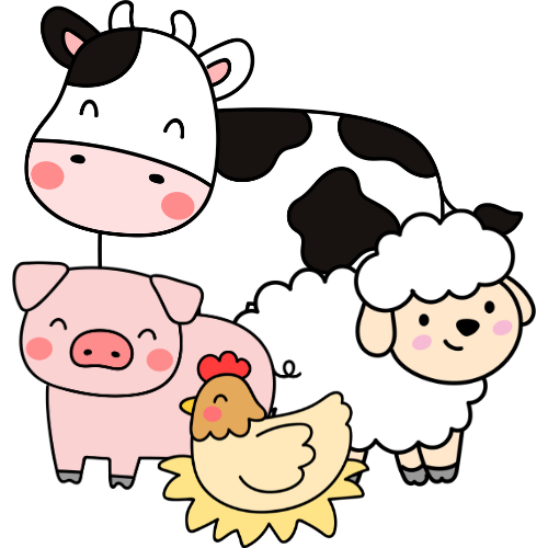 cute cow, sheep, pig, and hen
