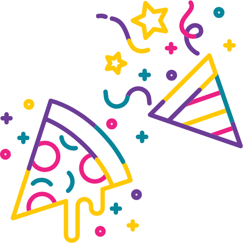 colorful pizza and party favors with confetti