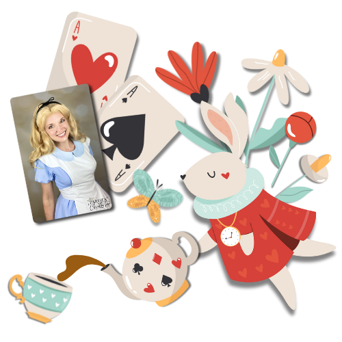 white rabbit pouring tea, surrounded by playing cards, flowers, and a photo of Alice