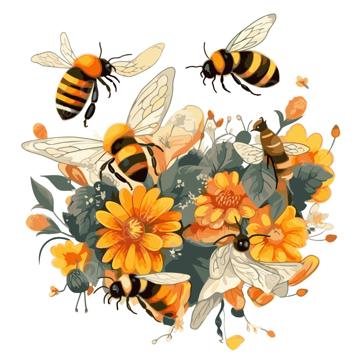 bees flying around orange flowers