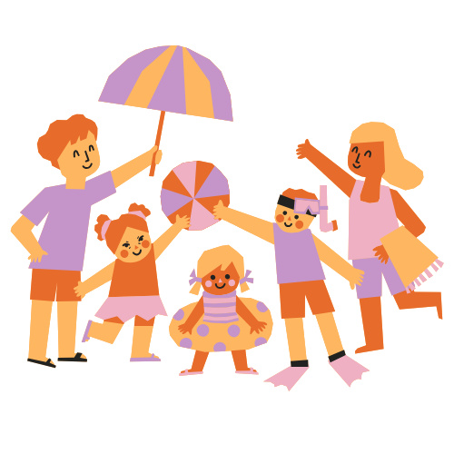 family in summer attire with beach items