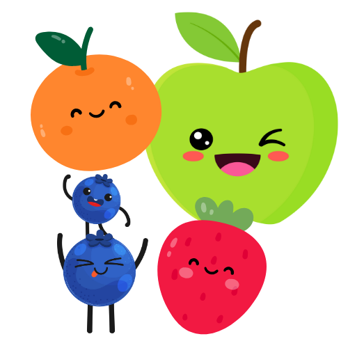 Cute orange, apple, strawberry and blueberries