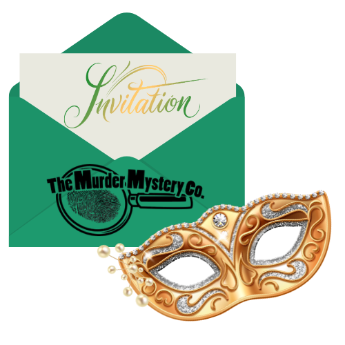 invitation envelope with "The Murder Mystery Co." logo and gold masquerade mask