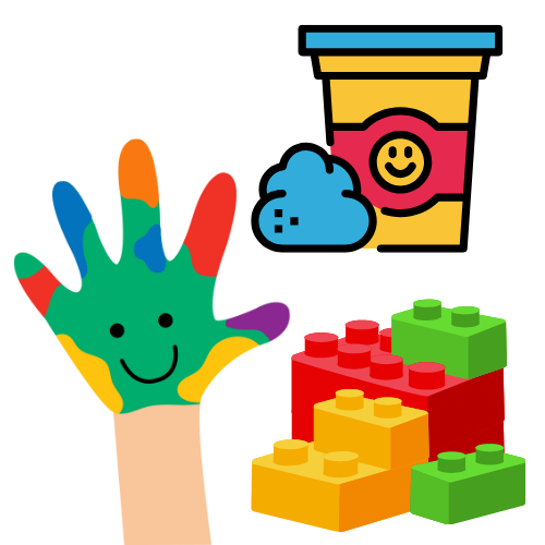 painted hand, playdough and LEGO bricks