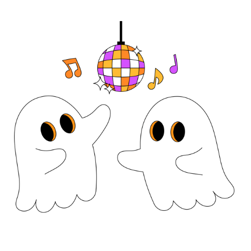 2 ghosts dancing underneath a disco ball