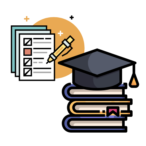 stack of books with graduation cap on top; checklist with pencil