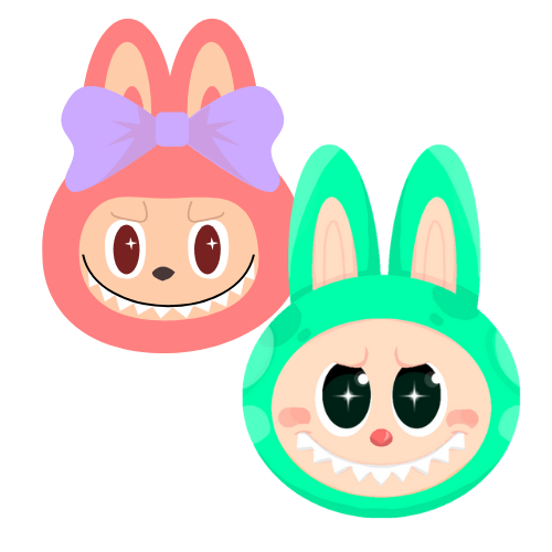 heads of two bunny-like monsters with creepy smiles