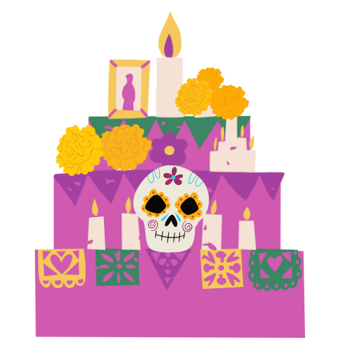 Ofrenda altar with candles, papel picado, flowers and a sugar skull
