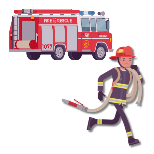 firefighter running with hose over his shoulders with firetruck in the background