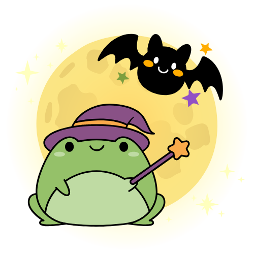 frog in witch's costume and cheerful bat in front of yellow full moon
