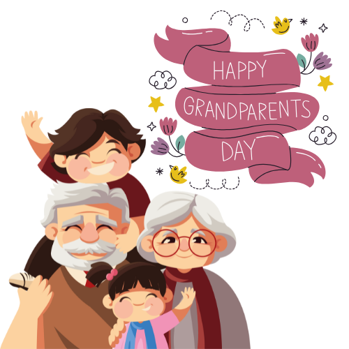 grandparents with grandkids next to Happy Grandparents Day banner