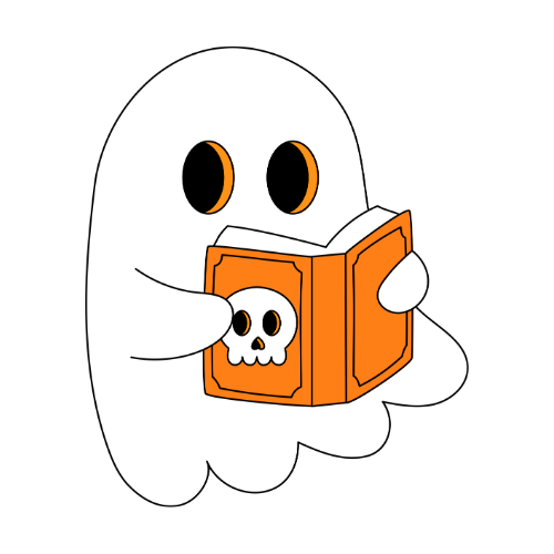 ghost reading a book with a skull on its cover