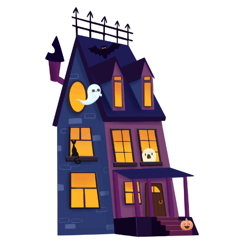 haunted house with glowing orange windows and friendly ghosts
