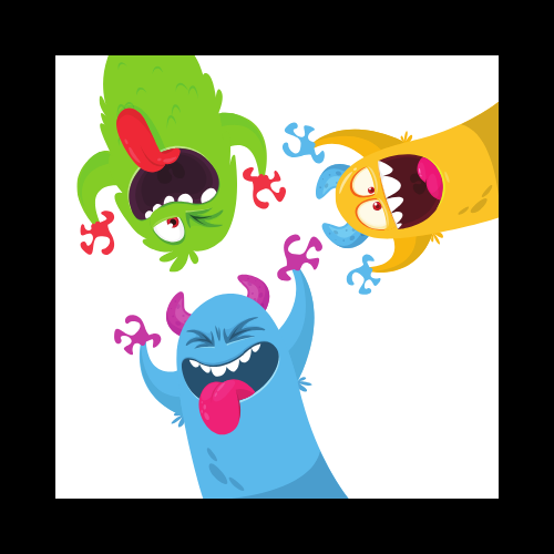 3 colorful monsters making silly faces around a frame