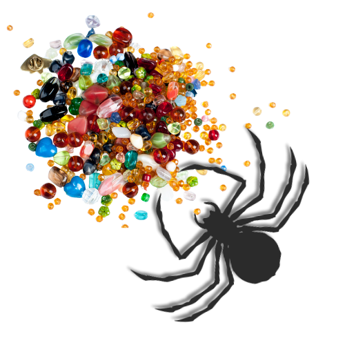 black spider approaching large pile of colorful beads