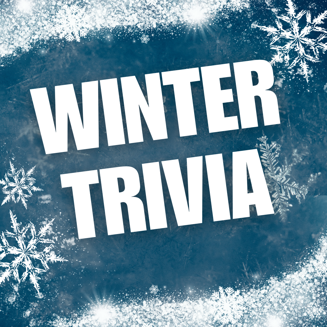 Blue background with snow on the top and bottom with the words "Winter Trivia" in the middle.
